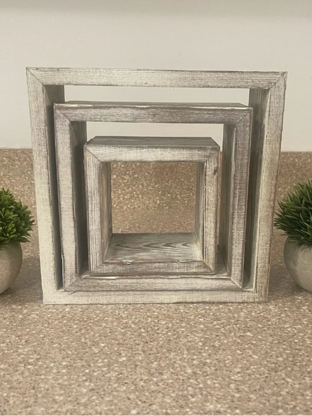 Neutral Wood Cube Set with Green Faux Topiaries
